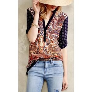 Anthropologie Tiny Boho Paisley 3/4 Sleeve V-Neck Tunic Top Women's Size Large